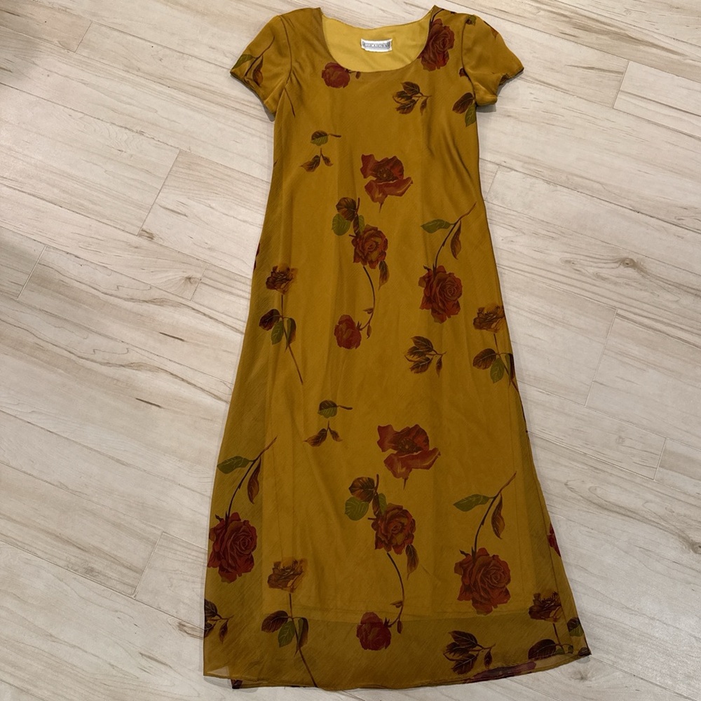 Vintage 90s Yellow Rose Floral Dress | Made in USA | Size 8 - Picture 2 of 12